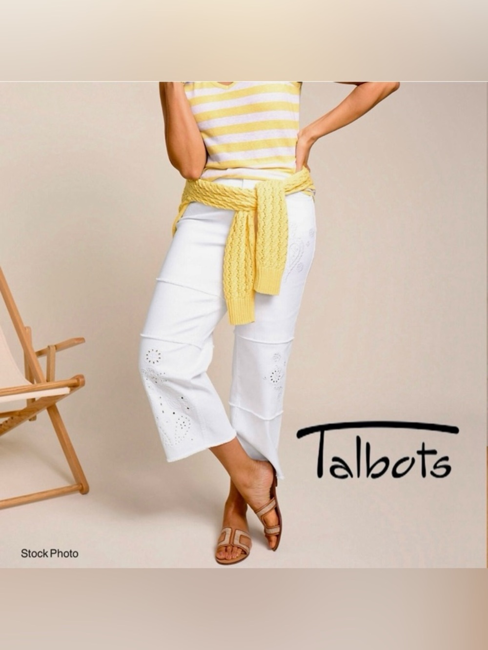 NWT TALBOTS PIECED EMBROIDERED WIDE LEG CROP JEANS WHITE (2P) - Picture 1 of 12